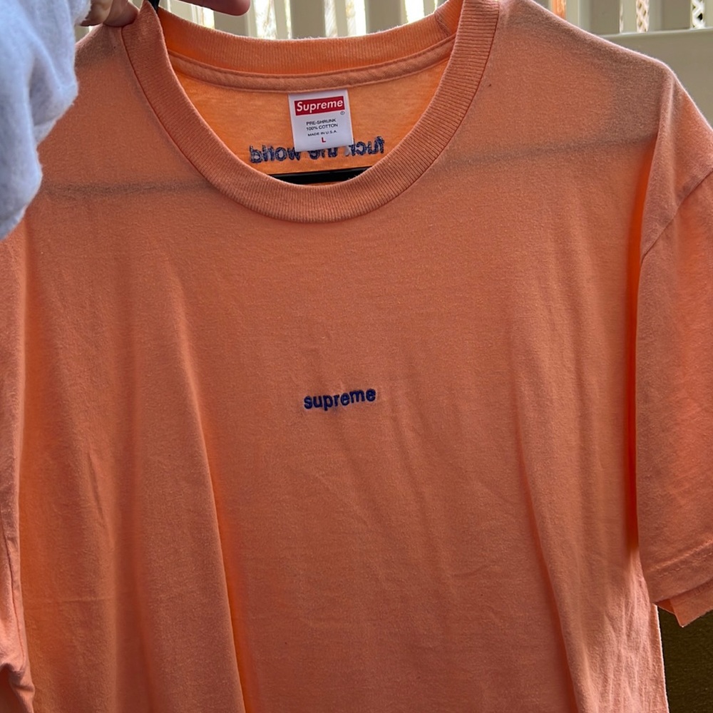 Supreme large tshirt in sherbet orange with purple stitching, worn twice